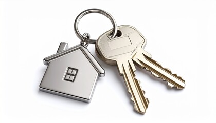 House keys with house shaped keychain, isolated white background