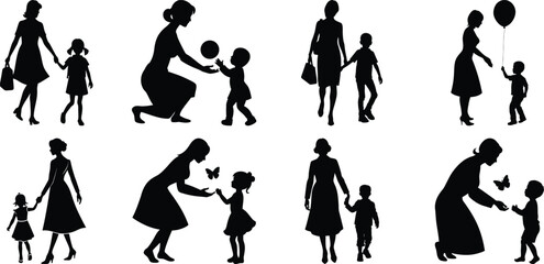 Happy Mothers' Day silhouette set. Mom and children activity vector bundle isolated on transparent background
