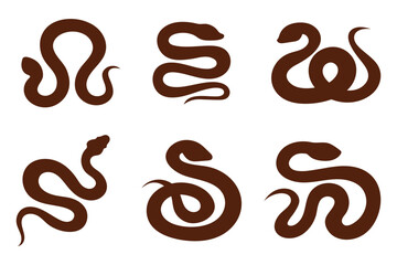 Black silhouette of a coiled snake with an upright head and curved tail, symbolizing danger and venomous creatures. snake icon vector glyph style design. Snake , logo. Snake icons set in black fiiled.