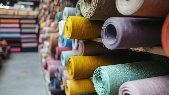 Rolls of colorful fabrics stacked on shelves in a textile warehouse