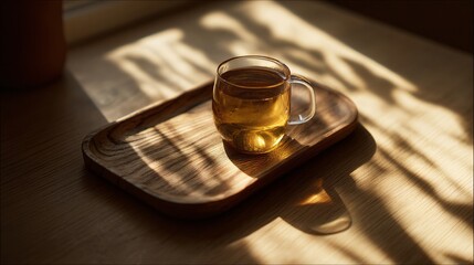 Warm tea on raw wood tray, side light casting long shadows, minimalist decor