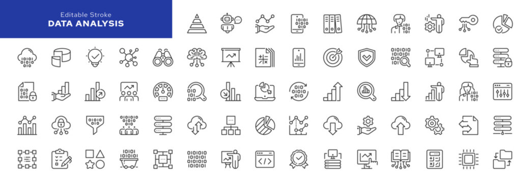 Data analysis line icon set. Data, database, optimization, processing and retrieval of digital data, server and storage. Outline icon in linear style. Vector collection.	