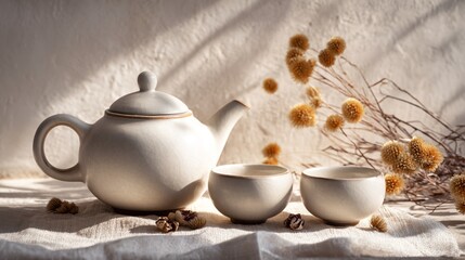 Fototapeta premium White ceramic tea set on cotton cloth with dried flowers, strong sunlight across neutral wall