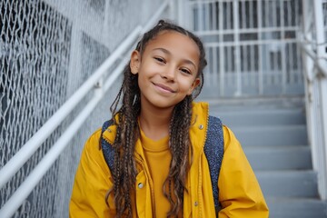 Fototapeta premium Confident Schoolgirl Smiling on Stairs with Backpack, back to school