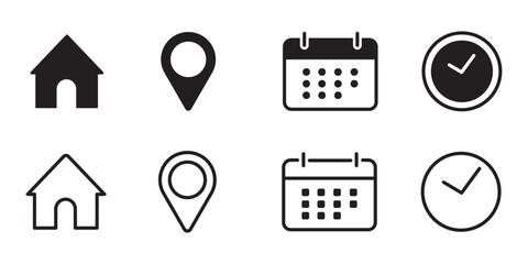 Address, location Calendar, time, clock, icon set. event, date, address, reminder, vector illustration.