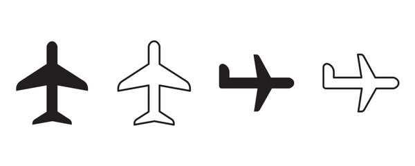 Airplane icon vector set in black flat and line style. Transportation and travel symbol.