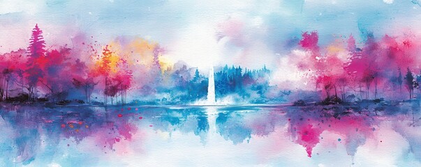 Naklejka premium Vibrant watercolor landscape of colorful trees reflected in a tranquil lake with a waterfall in the distance.