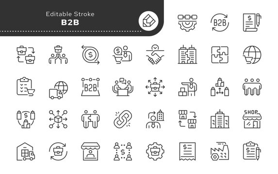 B2B line icon set. Business to business, business model, sales model, company, work of organizations, sale of products and more. Outline icon in linear style. Vector collection.