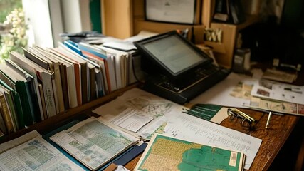 Busy office desk with stacked books, papers and map, showcasing creative workspace - Powered by Adobe
