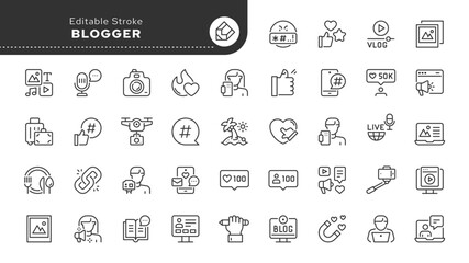 Blogging and blogger line icon set. Blog, influencer, content, vlog, vlogger, followers, social media, digital marketing and more. Outline icon in linear style. Vector collection	