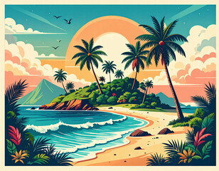 Obraz premium A vibrant tropical island with tall palm trees, gentle ocean waves, and a colorful sunset sky offers a peaceful and picturesque escape into nature’s beauty and tranquility.