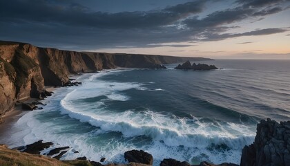 Dramatic Coastal Landscape with Rocky Cliffs and Vivid Wave Patterns at Sunset