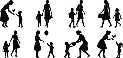 Fototapeta premium Happy Mothers' Day silhouette set. Mom and children activity vector bundle isolated on transparent background