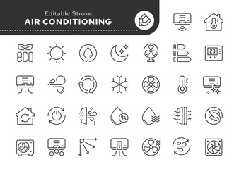 Air conditioning line icon set. Air conditioner, fan, wind, cooling and heating appliance, air cleaner, climate control, blow and more. Outline icon in linear style. Vector collection.	