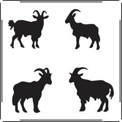 Goat Silhouette Vector Set – Black Farm Animal Outlines with Horns for Agriculture Icons, Livestock Illustrations, Rustic Designs, Mountain Goat Graphics, or Farming Concepts.