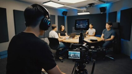 Cameraman recording a podcast. Video podcast. - Powered by Adobe