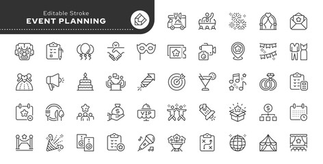 Event planning line icon set. Event organization, holiday, catering, guests, invitation, entertainment, celebration, decoration and more. Outline icon in linear style. Vector collection.	