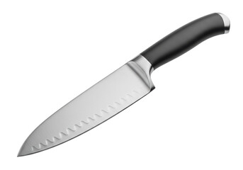 Isolated Chef Knife with Serrated Edge and Black Handle