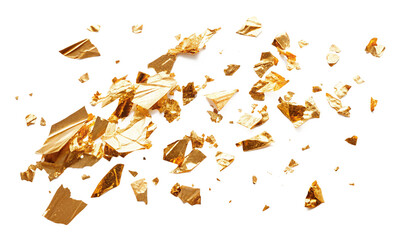 A scattered array of golden foil fragments against a stark black background creating a shiny effect