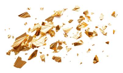 A scattered array of golden foil fragments against a stark black background creating a shiny effect