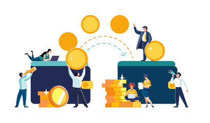 Векторні ілюстрації. Фінансові операції, перекази пенні, банківські операції, вигідні угоди з монетами, доларами. Бізнес, етнічні групи, афроамериканці, командна робота, люди. Обмін валют