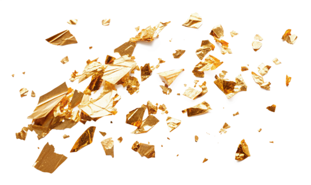 A scattered array of golden foil fragments against a stark black background creating a shiny effect