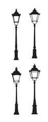 Dogs and Street Lamps Silhouette - Black and White Vector Illustration