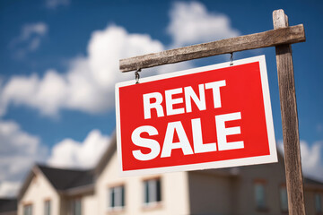 Red for rent sign in front of attractive house against blue sky with clouds highlighting available rental opportunity
