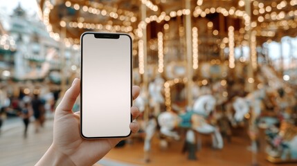 hand shows white screen smartphone on children's attraction background, copy space, promotion, weekend, mock up