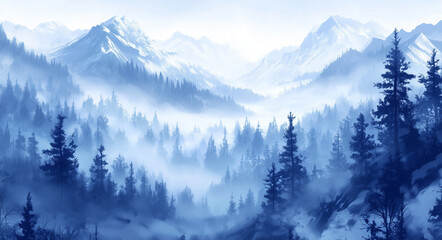 Beautiful misty forest landscape with foggy hills and trees