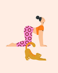 Girl and cat doing yoga. Vector color illustration.
