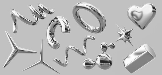 Chrome y2k abstract shapes 3d render icon set. Silver sparkle inflatable heart, star, spiral line, ring, hexagon. Liquid metal metaball of steel or mercury. Retro futuristic objects. 3D illustration