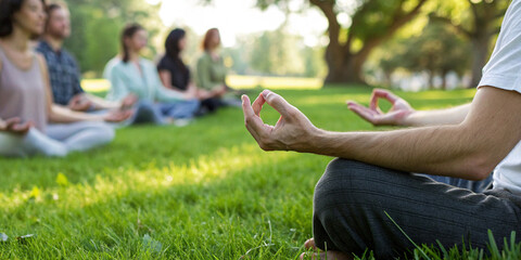 Background of mental states. Group of people practicing meditation or yoga in the park for relaxation and mindful therapy amidst nature in the morning