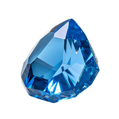 A close up shot of a faceted blue gemstone against a black background with sharp reflections and angles