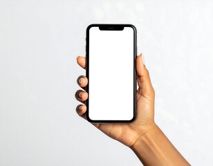 Smartphone held by hand against light background