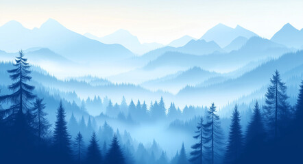Beautiful misty forest landscape with foggy hills and trees