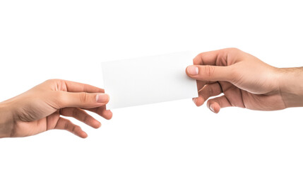 Two hands sharing a blank card or flyer with cut-out edges, concept of communication, exchange, or invitation, isolated on white background