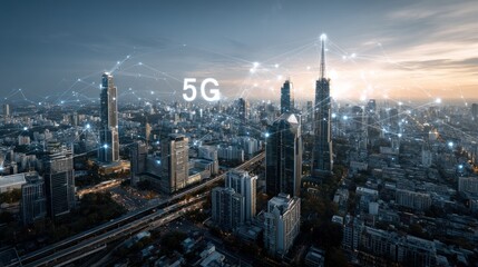 Cityscape with skyscrapers and 5g network overlay against a blue sky background.