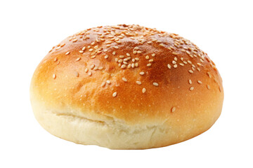 A close up view of a hamburger bun with sesame seeds on top against a black background studio shot