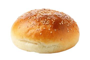 A close up view of a hamburger bun with sesame seeds on top against a black background studio shot