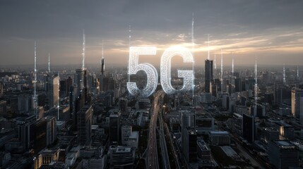 Cityscape with skyscrapers and 5g technology overlay against a cloudy sky.