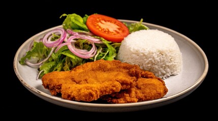 Breaded meat with rice and salad on a plate against a black background.