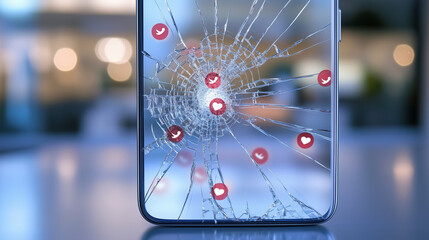 Detailed close-up of a cracked smartphone screen displaying blurred social media icons, symbolizing digital deception and fake news concepts