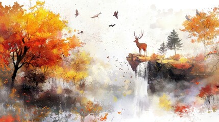 Fototapeta premium A majestic deer stands atop a cliff by a waterfall, surrounded by vibrant autumn trees and flying birds in a dreamy landscape.