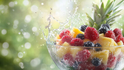 A digital render of a  bowl of fresh mixed berries and pineapple with splashes and water drops on the background