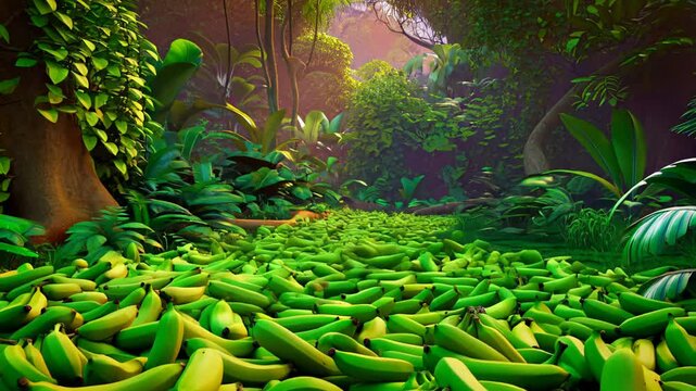 A cute monkey sits on a large pile of green bananas in a vibrant tropical jungle with lush trees and bright sunlight in the background. Concept of nature's abundance