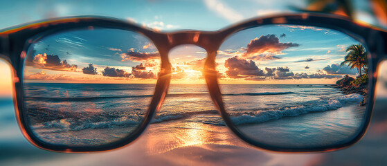 Glasses framing a stunning tropical sunset over waves and sandy beach in a tranquil atmosphere