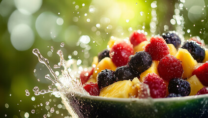 A digital render of a  bowl of fresh mixed berries and pineapple with splashes and water drops on the background