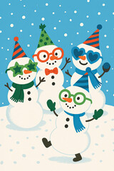 Snowmen Friends in Festive Glasses and Hats Playing Together in a Snowy Winter Wonderland