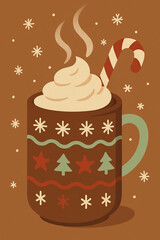 Christmas Cocoa Mug with Whipped Cream and Candy Cane on Brown Background